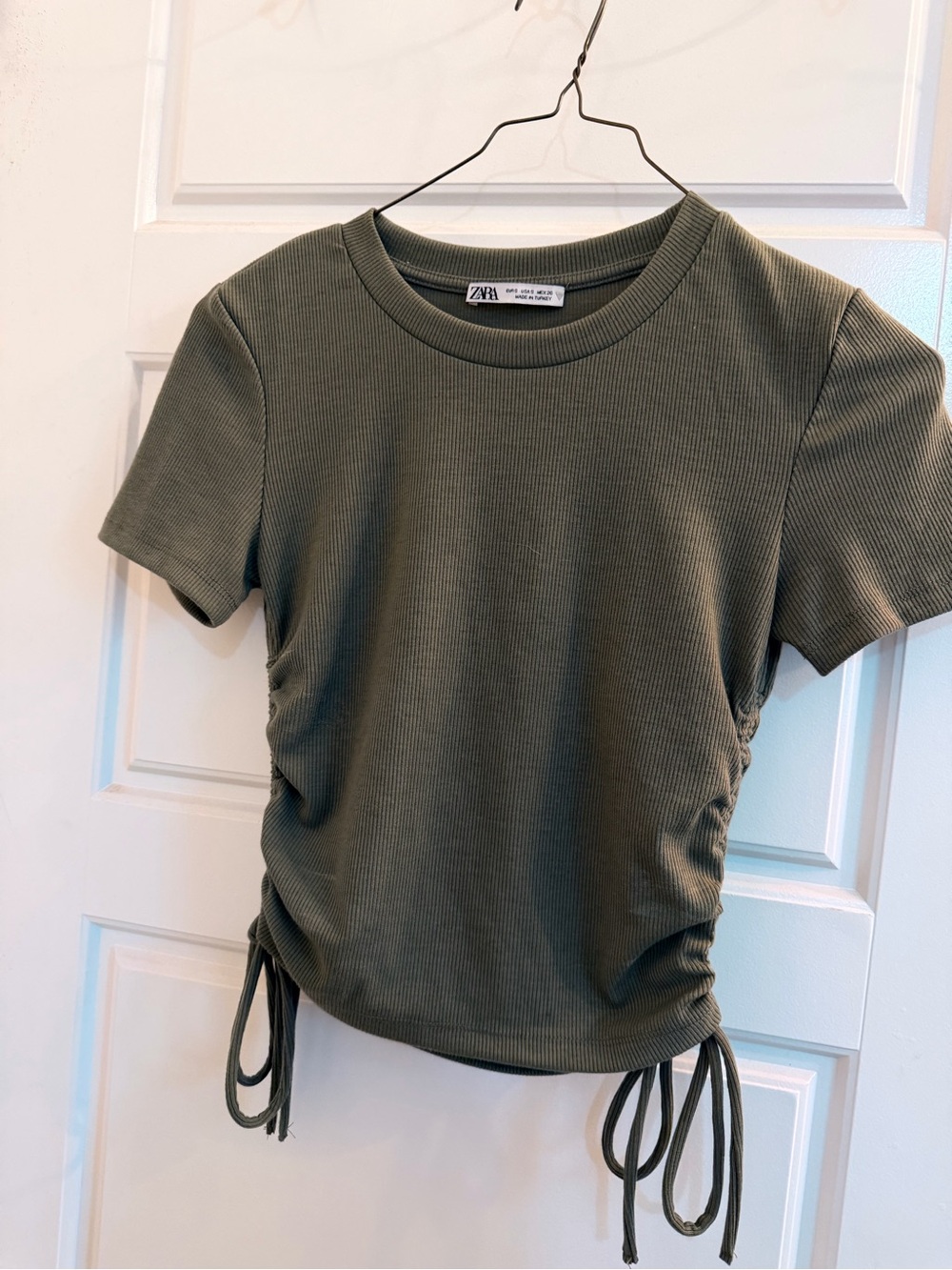Zara Olive Ribbed Short Sleeve Tee with Side Ties